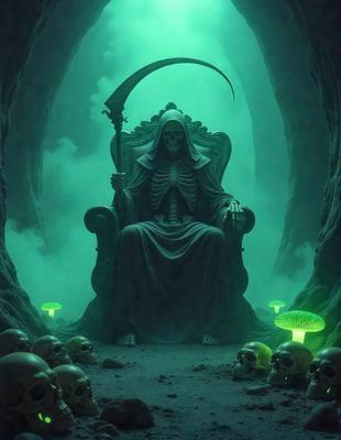 The primary subject of the image is a skeleton sitting on a chair, surrounded by a green, foggy environment. The setting appears to be a dark, eerie cave, with a chair placed in the middle of the scene. The visual style of the image is a combination of photo and digital art, creating a surreal and mysterious atmosphere. The dominant colors are green and black, with the green lighting up the skeleton and the black background creating a dramatic contrast. The overall mood of the image is eerie and myster